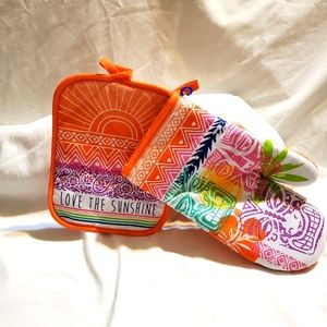 Tiki Oven Mitt &Sunshine Pot Holder Colorful Bright Orange Purple Green White